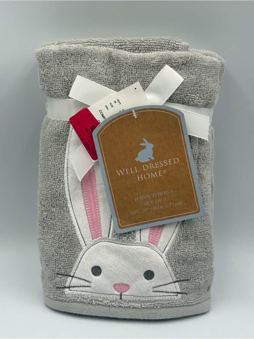 Well Dressed Home Bunny Rabbit Hand Towels Set of 2 Easter Gray Pink 18x28